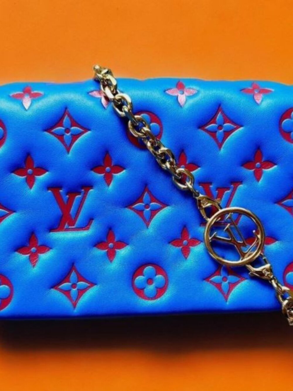 Louis Vuitton Red Blue Monogram Lambskin Coussin Pochette Crossbody Chain Bag